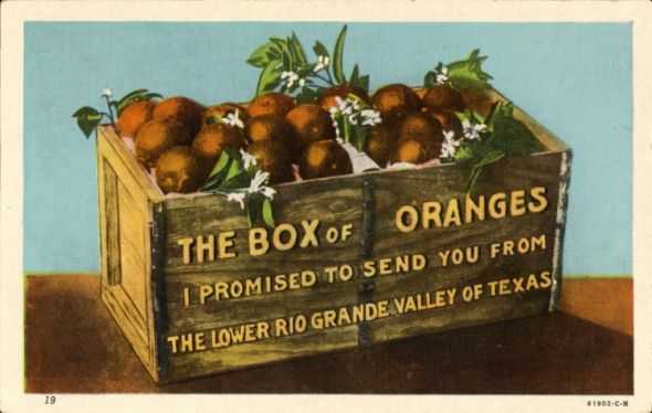 A box of oranges (or a jokey vintage post card of one!) - public domain courtesy of the University of Houston Libraries