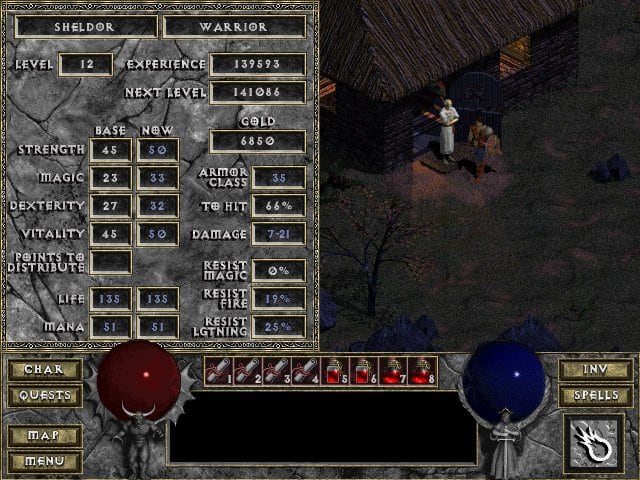 For an RPG, Diablo has a pretty minimal design. Everything you need to know about your character is on this sheet.