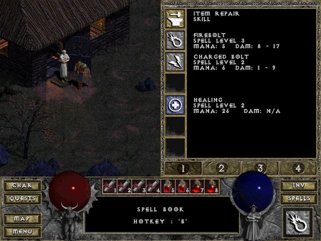 Diablo offers you several pages for spells, though the spells you end up finding is determined randomly. Your character's special ability also shows up here.
