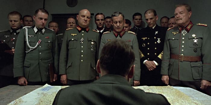 Adolf Hitler addresses his generals - some loyal supporters, some exasperated by the Fuhrer's detachment from reality, and some becoming increasingly resigned to their fate