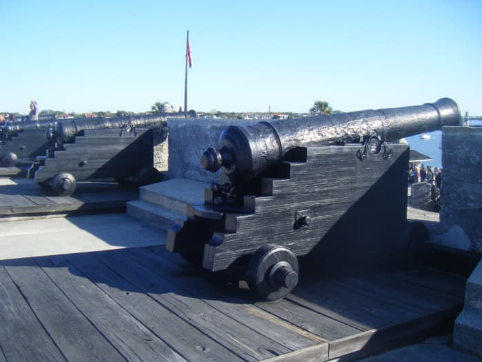 Cannons on top of the Castillo de San Marcos, St Augustine. The oldest masonry fort in the continental United States, construction of the fort began in 1672, following the designs of Spanish engineer Ignacio Daza.