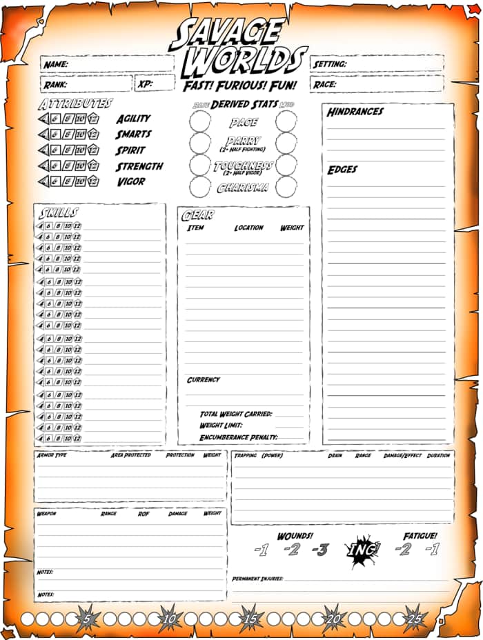 Picking a character sheet is important. This is my favorite for Savage World games.