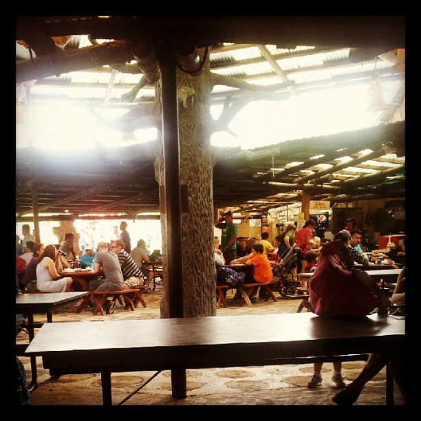 Eating indoors at the Oasis at Knoebels. The only light during the day is natural sunlight coming from the sky lights.