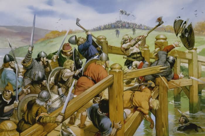 English huscarls and fyrdmen fight the lone giant on the narrow bridge at Stamford Bridge near York, September 25th, 1066 - losses were heavy until one took a boat under the plank bridge and thrust upward with his spear.