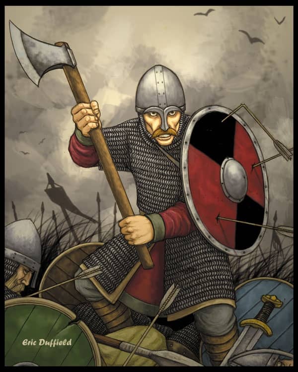 An English huscarl on Caldbec Hill, axe at the ready to deal the death blow to any unwary Norman or one of William's allies. Harold's huscarls fought on after they knew he was dead. It was what was awaited of them, after all