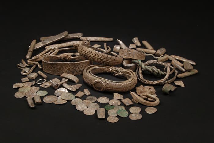 An assembled display of silver artefacts found at Silverdale near the north Lancashire coast