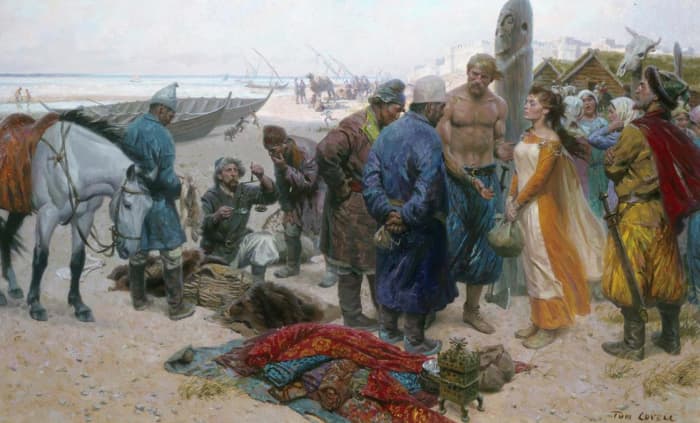 Rus/Rhos slave merchants eye a deposit in negotiations over a fair-skinned young woman - taken as a prize. It was in their interests to treat her well, in order to secure a good price