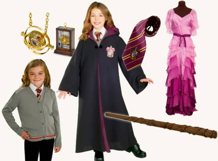 Left to right: Hogwarts Cardigan and Tie, Time Turner Necklace with Display, Deluxe, Harry Potter Hermione Granger Costume Robe With Gryffindor Emblem, Hermione’s Rubies Costume Wand, Gryffindor Tie, and Hermione’s Yule Ball Gown. Available at
