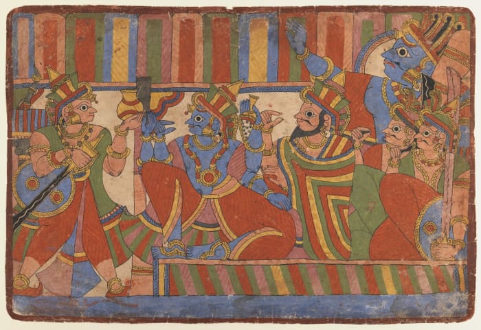 Krishna Counsels the Pandava Leaders, Page from a Mahabharata series. A painting by unknown artist via Wikimedia Commons