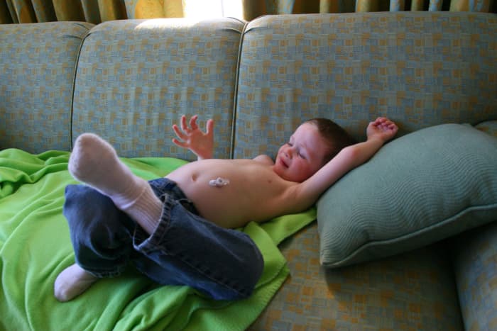 The author's son struggles with bloating, a consequence of struggling with delayed gastric emptying.