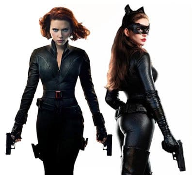 scarlett johansson as The Black Widow In The Avengers and Anne Hathaway as Catwoman in The Dark Knight Rises.