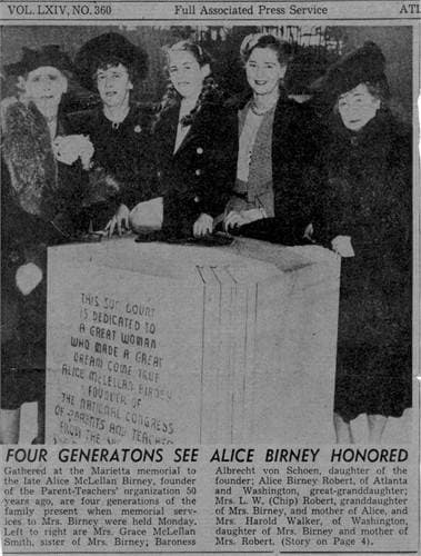 When Alice McLellan Birney was honored by the NCOPT and the People of Marietta, Georgia, four generations of women from her family attended, and her great-granddaughter Alice, unveiled the statue.