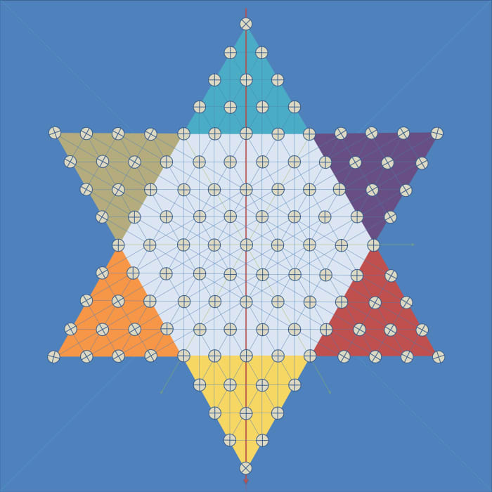 Figure 5 - A full marked star is composed of: 10-holes per triangle, 61 holes on the hexagon, 121 holes in total.