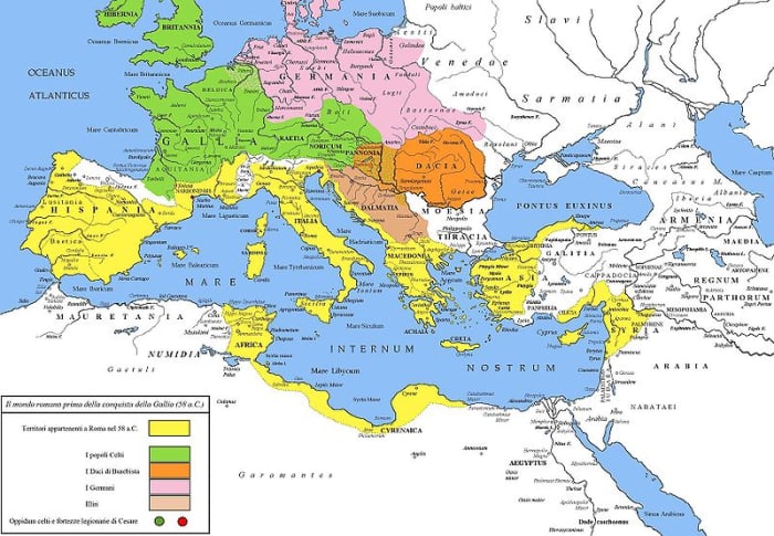 This article covers Julius Caesar, the Gallic Wars, and particularly the Battle of Alesia. This map shows the location of the Gallic tribes prior to Caesar's conquest. Incidentally, Roman-held territory is marked in yellow.