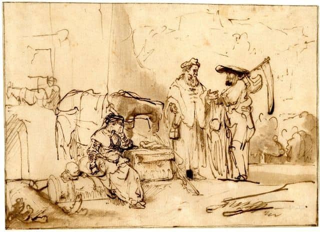 Drawing by Rembrandt: The Man of Gibeah Offers Hospitality to the Levite and his Concubine. circa 1642-1646. pen and brown ink on paper. 18 × 24.7 cm (7.1 × 9.7 in). London, British Museum.