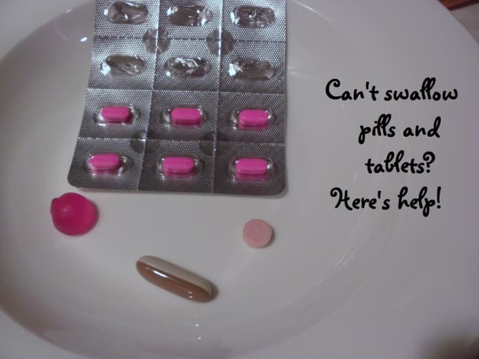 The white and brown calcium tablet is coated but its size can still be difficult to swallow. The gummy vitamin is chewable and easier to get down. The pink allergy medicine is small, but the orange tablet melts in your mouth and does not need water.