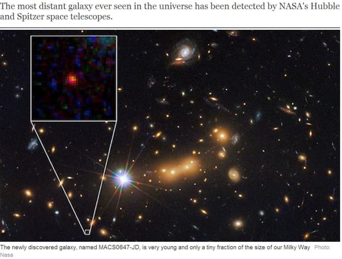 Galaxy MACS0647-JD is 13.3 billion LY away and yet is still visible. Why hasn't it redshifted outside the visible spectrum after a time of 13.3 BY + expansion of space?? Also notice blue and yellow-shifted galaxies. Doppler Shift contradicts itself!