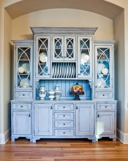 furniture quality blue kitchen cabinets with plate rack, glass cabinets carefully craft this Old World design