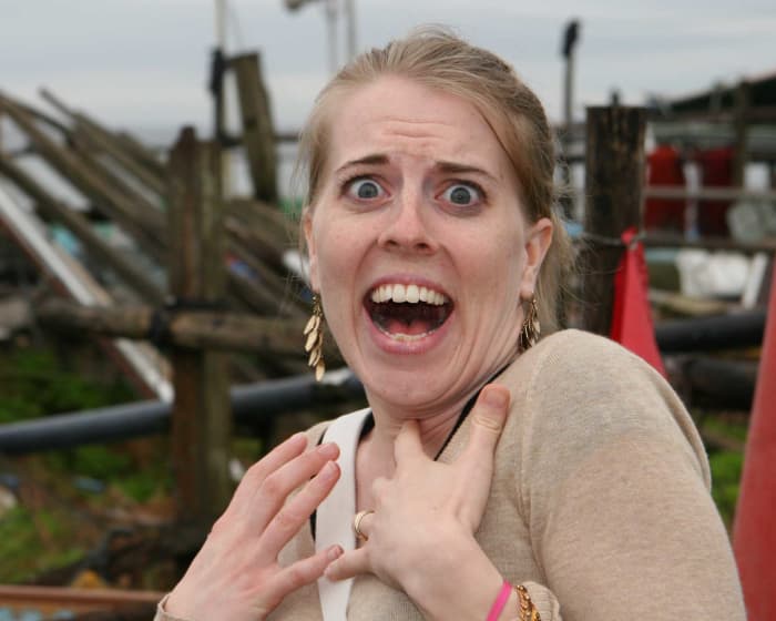An actress photographed herself showing fear and panic to help herself evaluate her acting. Note, that's evaluation of fear, not fear of evaluation!