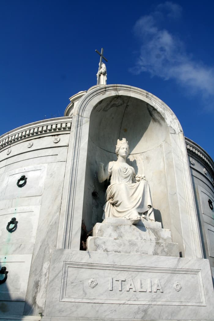 One of the most elaborate society tombs in the city is in St. Louis No. 1- the Italian Mutual Benevolent tomb