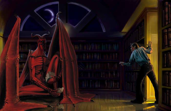 painting of a scene from the second half of the story where a character walks in on an Overlord reading in someone's house.
