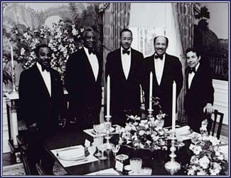 Mr. Eugene Allen (second from right) worked from 1952 to 1986 as a pantryman, a butler, and finally, the Maître d’. Eugene Allen photo album, Smithsonian Center for Folklife and Cultural Heritage.