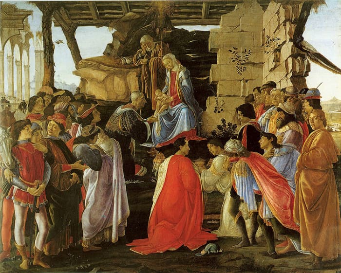 'Adoration of the Magi' (1475-1476) today hangs in the Uffizi Gallery in Florence. To the far right is the self-portrait of Botticelli.