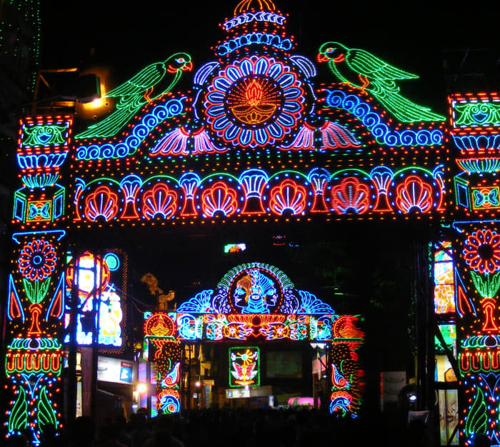 Street lighting during Durga pooja celebrations in Calcutta.