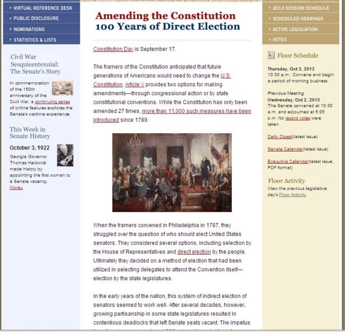 During Constitution week 2013, the Senate provided a history of the 17th Amendment on their homepage. This is a snapshot.