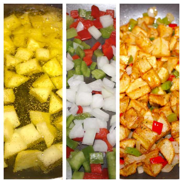 Left: potatoes cooking in Canola oil (Step 1). Center: onion, green bell pepper and red bell pepper sauteing in butter (Step 3). Right: potatoes added to sautéed vegetables, and all spices added mixed well together (Step 4 and 5).