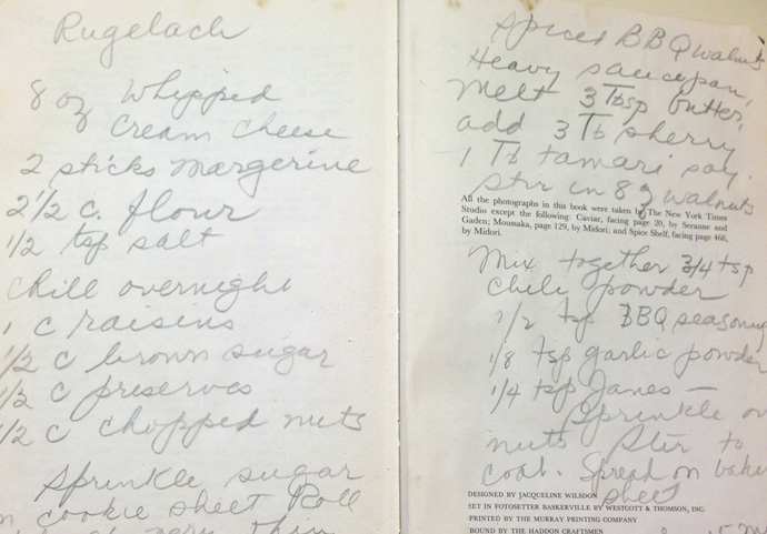 My mother wrote my grandmother's rugelach recipe in the back of her favorite cookbook, which I inherited.