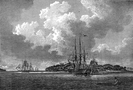 An engraving of the First Fleet in Botany Bay at voyage's end in 1788, from The Voyage of Governor Phillip to Botany Bay. Sirius is in the foreground; convict transports such as Prince of Wales are depicted to the left.