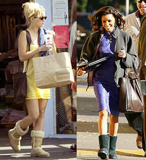 Kate Hudson sporting tan Ugg boots and Eva Longoria in black Ugg boots in split photo