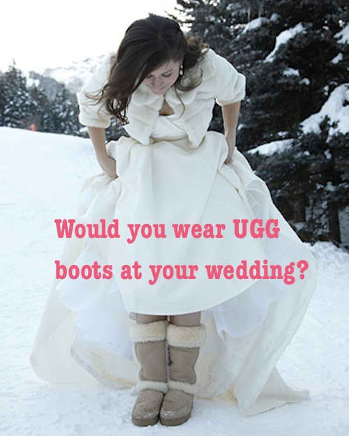 Brunette girl in wedding dress and Ugg boots