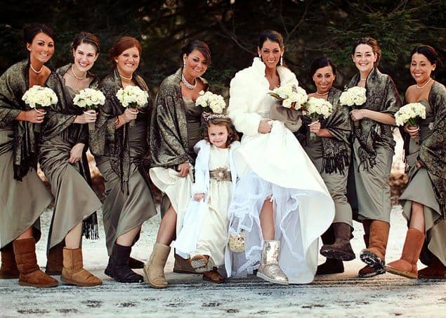 Wedding party donning wedding apparel with UGG boots including the bride and groom and the flower girl