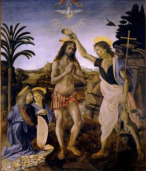 The Baptism of Christ, painted by Verrocchio and da Vinci. Verrocchio ceased to paint after da Vinci's genius painting of the angel to the left of the painting.