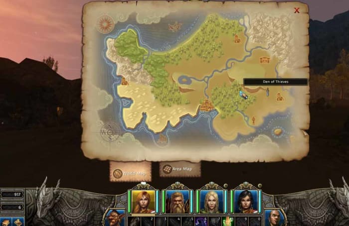 Might and Magic X Legacy World Map showing how to get to the den of thieves. The way is pretty straightforward. Go north of the lighthouse and then travel west to the Shadow Woods.
