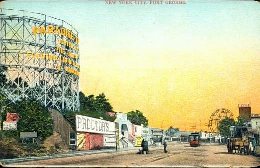 Paradise Park ( on the left hand side of this postcard ) at sunset. One of many ferris wheels can be seen in the distance.