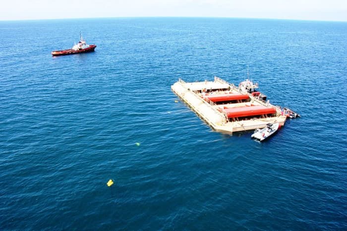 Wave roller power plant delivers electricity to the Portuguese grid. Photo by AW Energy Oy, courtesy Wikimedia Commons.