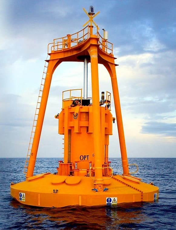 The OPTbuoy wave energy float deployed in Scottish waters. Photo by Ocean Power Technologies, courtesy Wikimedia Commons.
