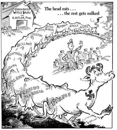The head eats... the rest gets milked, published by PM Magazine on May 19, 1941, Dr. Seuss Collection, MSS 230. Special Collections & Archives, UC San Diego Library