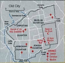 Old Jerusalem is divided in to 4 quarters today among Muslims, Christians, Armenians and Jews. See the location of "temple mount" where "Dome of the rock" and "Al Aqsa" mosque situates.