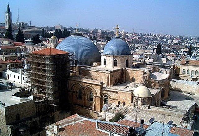 Two domes of Holy Sepulcher Church. Large dome is above the Aedicule where tomb of Christ located and smaller dome is above the center point (transept crossing) of the Catholicon (Main church of the Holy sepulcher) where the "Omphalos" is placed.