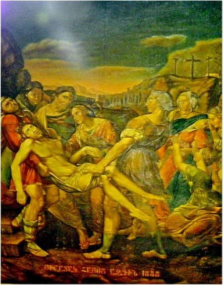 Here Jesus is Taken Down from the Cross. Later, Joseph of Arimathea asked Pilate for the body of Jesus. Pilate agreed. (John 19: 38) wall painting in holy Sepulcher