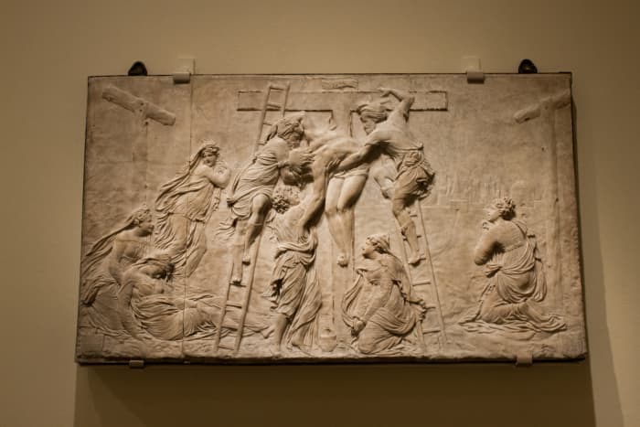 This early piece was created by a Christian artist as a way to show respect to God. It depicts Jesus' descent from the cross.