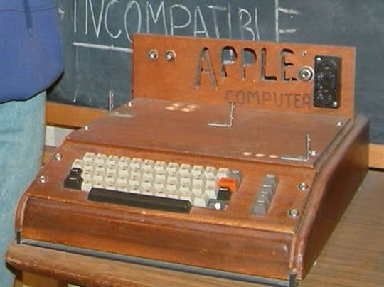 The first Apple Computer - an assembled circuit board, lacking monitor. This unit is on display at the Smithsonian Museum.