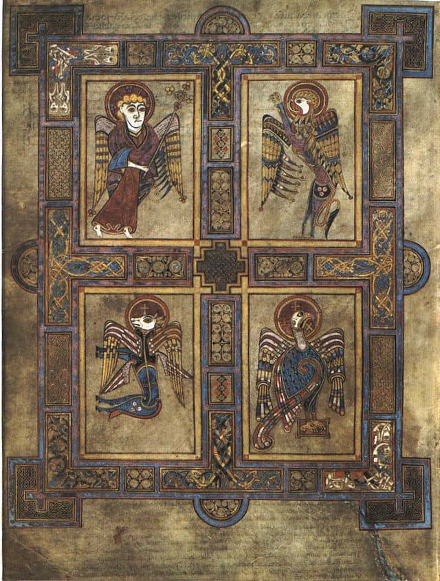 Folio 27v . Symbols of four Evangelists (clockwise from top left) Matthew (man), Mark (lion), John (eagle) and Luke (ox).