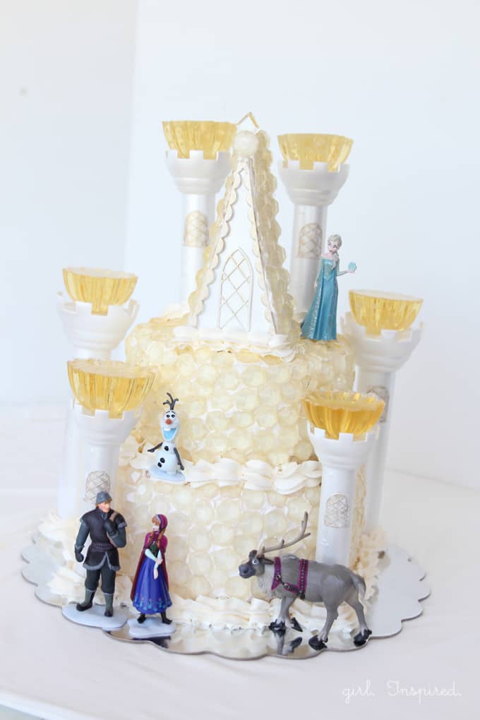 Frozen ice castle birthday cake with hard candy jewels