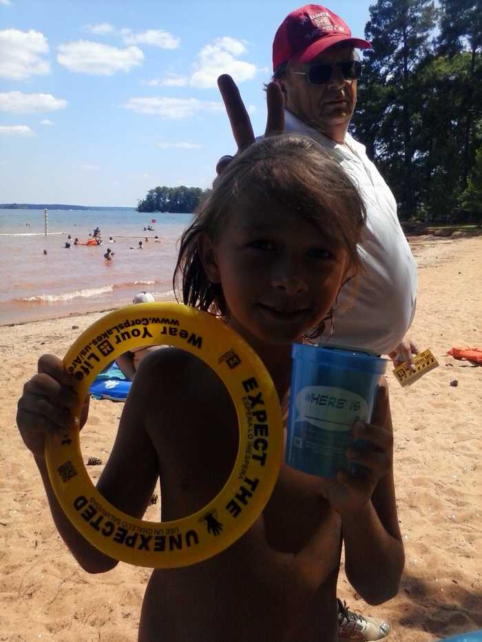 A park Ranger passing us gave my children cups, tattoos, and frisbees! Very disappointed that the picture turned out so poorly, but the ranger was giving my son bunny ears!