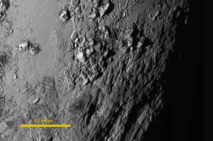 Norgay Mountains, the zoom above. Named after Sherpa who helped Hillary climb Everest. (The "heart" has been formally named Tombaugh Regio, after Pluto's discoverer.)